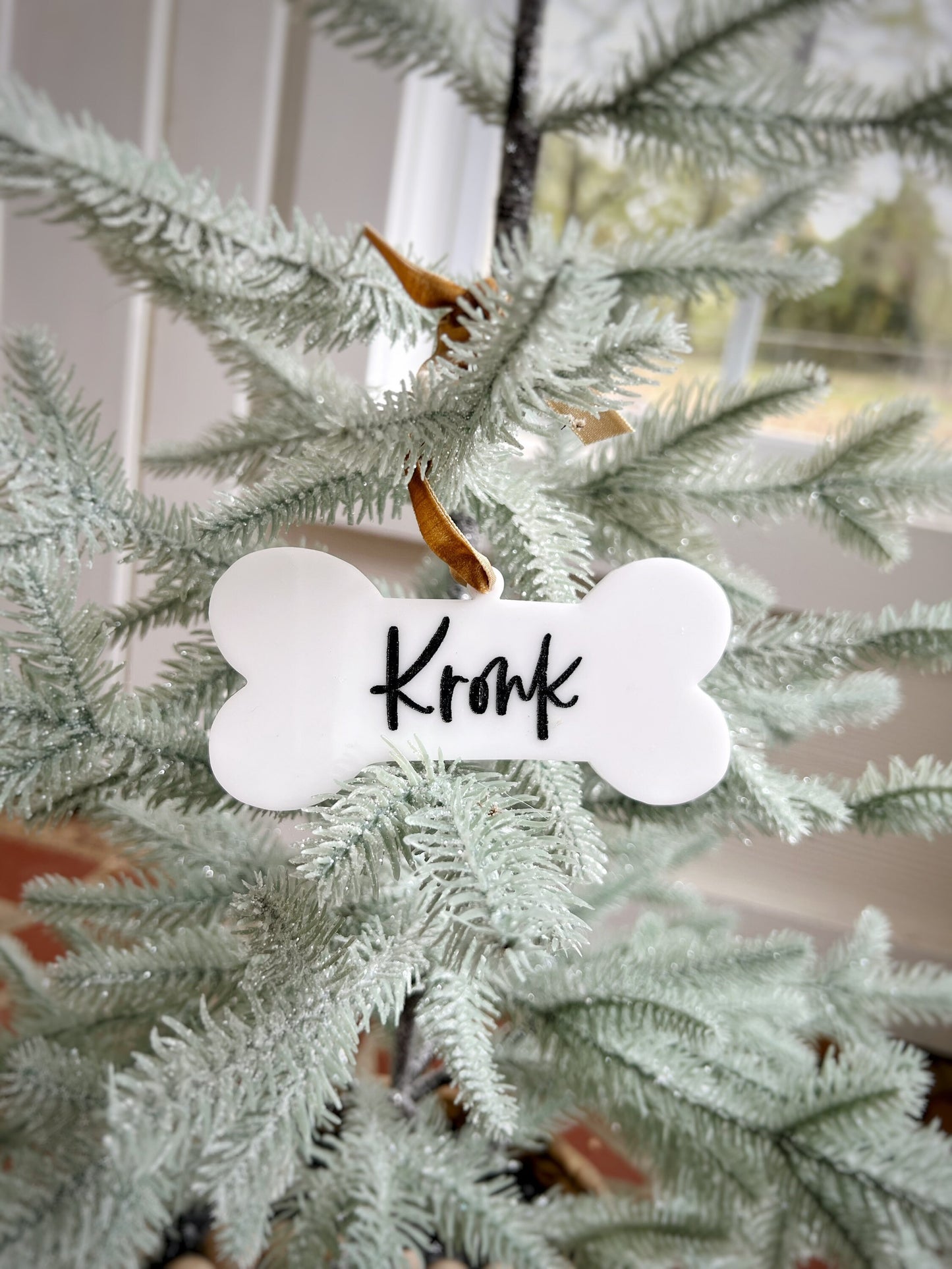 Custom Dog Bone Ornament - Hand Lettered and Engraved on Acrylic