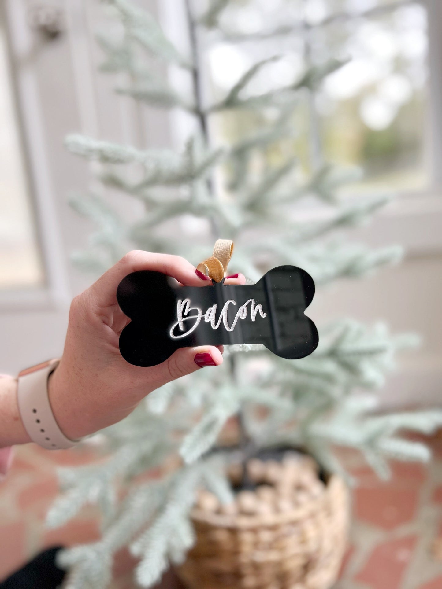 Custom Dog Bone Ornament - Hand Lettered and Engraved on Acrylic