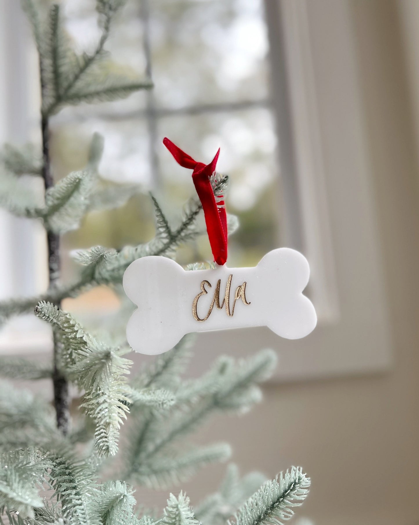 Custom Dog Bone Ornament - Hand Lettered and Engraved on Acrylic